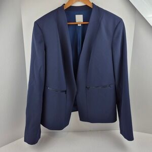 Halogen Women's XL Navy Blue Collarless Open Front Blazer Jacket Zipper Pockets